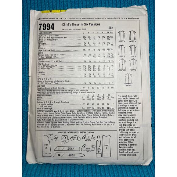 McCalls 7994 Sewing pattern girls dress A line 1960s Size 3 - Picture 3 of 8